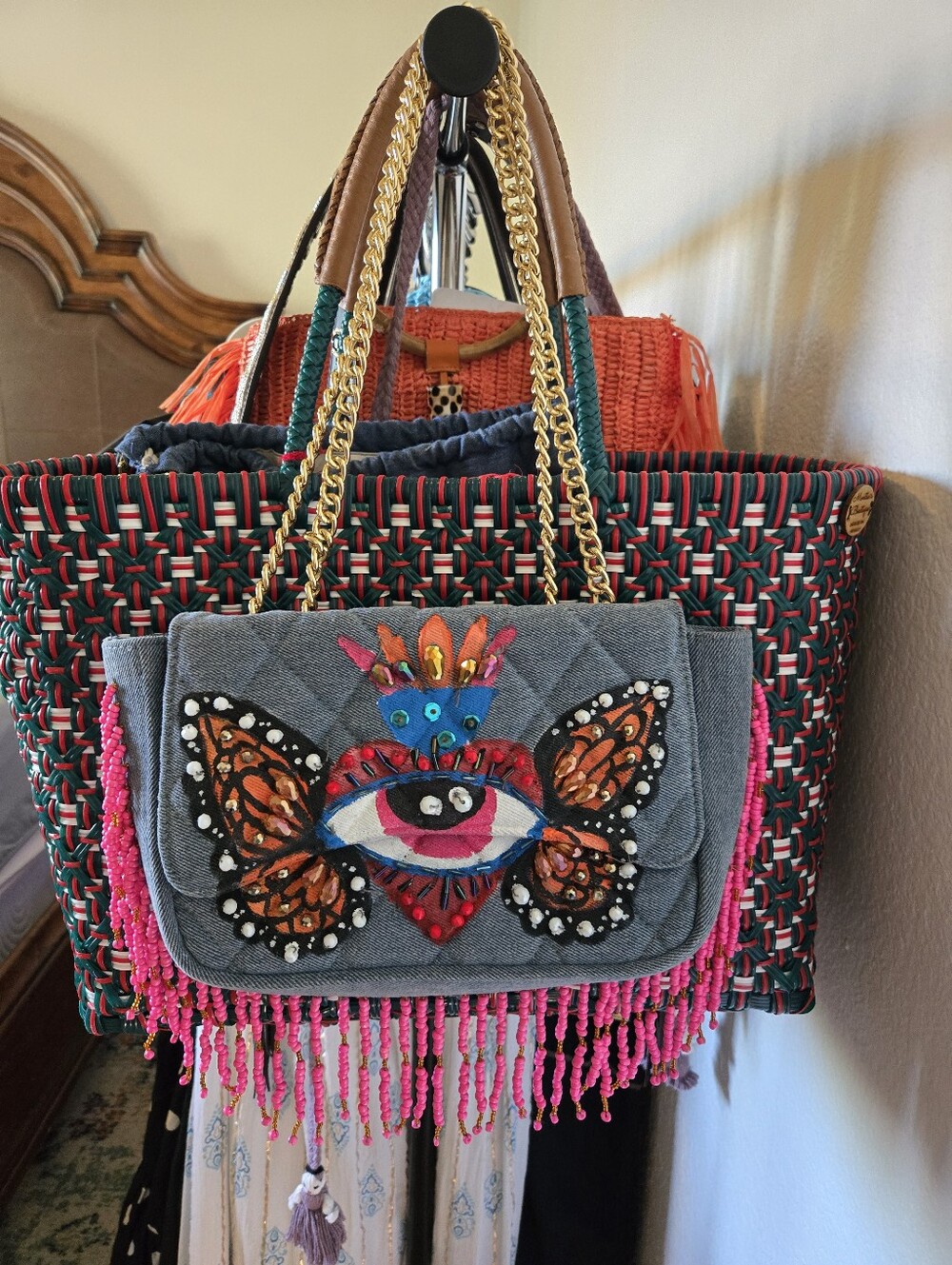 Denim Tote Bag with Pink Bead Fringe and Gold Chain Handles